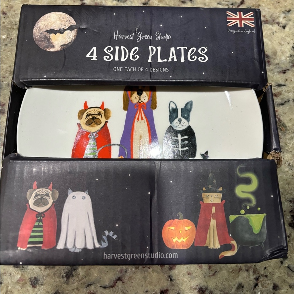 Harvest Green studio halloween side plates set dog 4 Frenchie bulldog witch cat